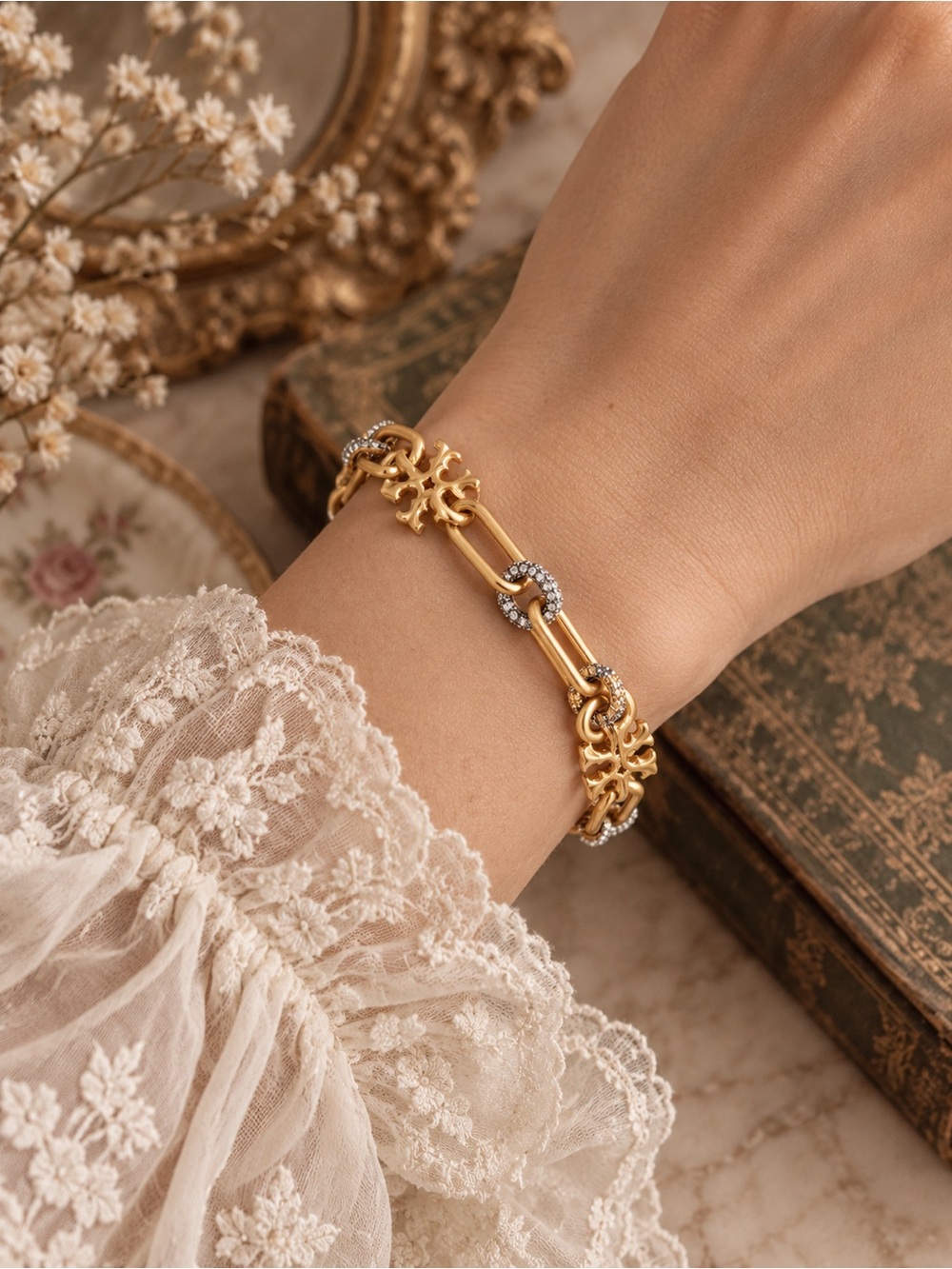 TORY BURCH • Gold Roxanne Logo Crystal Chain Bracelet - Picture 4 of 5